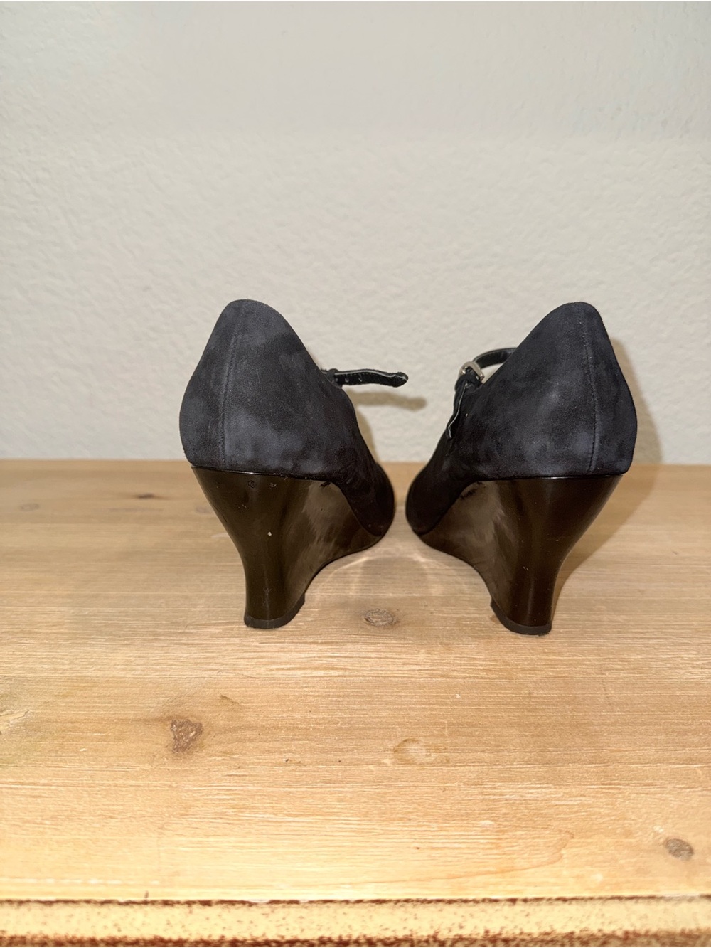 Franco Sarto Black Suede Peep-Toe Wedge Pumps with Mary Jane Strap, Size US 7M - Picture 4 of 6